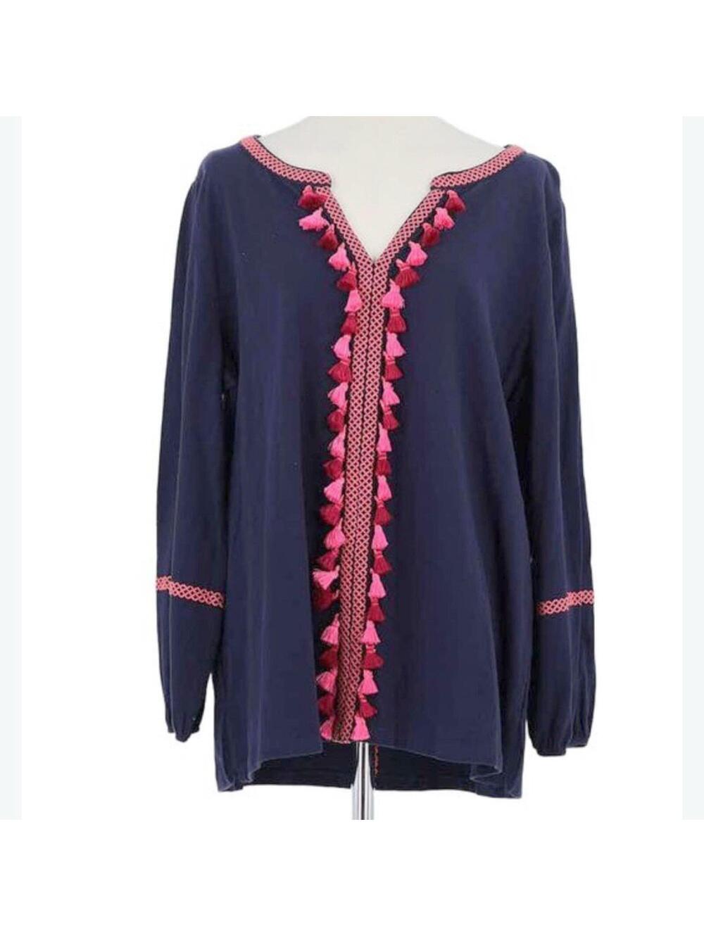 Boden Alison Jersey Knit Embroidered Tassel Top | Navy Pink | Size Small